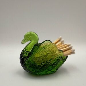 Vintage Small L.E Smith Green Glass Open Swan Salt Cellar, Matchstick Holder